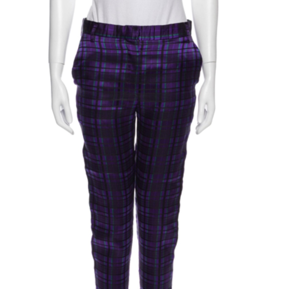 Haider Ackermann Silk Straight Leg Purple Plaid Pants